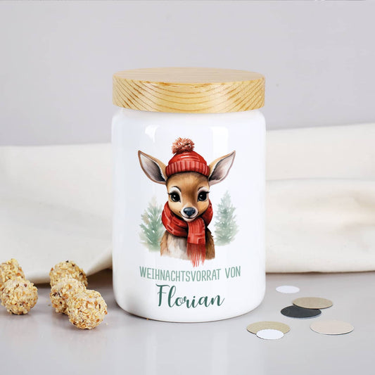 Geschenkdose aus Keramik mit kleinem Rentier, Wunschtext & Name
