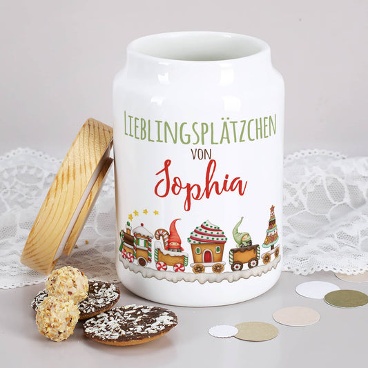 Dose "Lieblingsplätzchen von" mit Wichtel Weihnachtszug Motiv und Name bedruckt