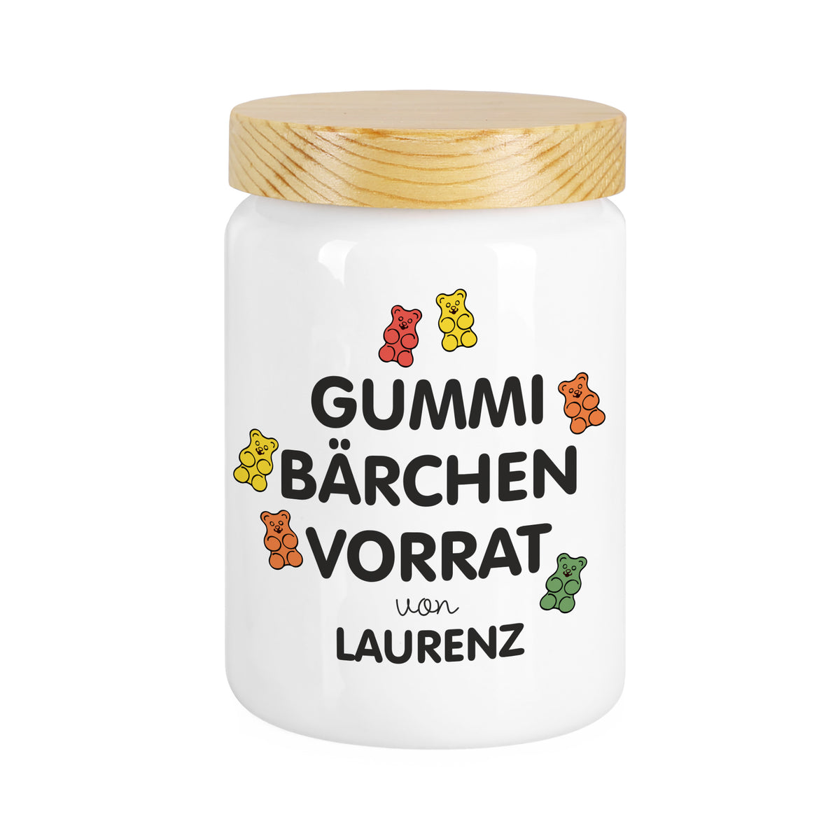 Freigestellte weiße Keramikdose „Gummibärchen Vorrat von Laurenz“ mit Holzdeckel und buntem Aufdruck