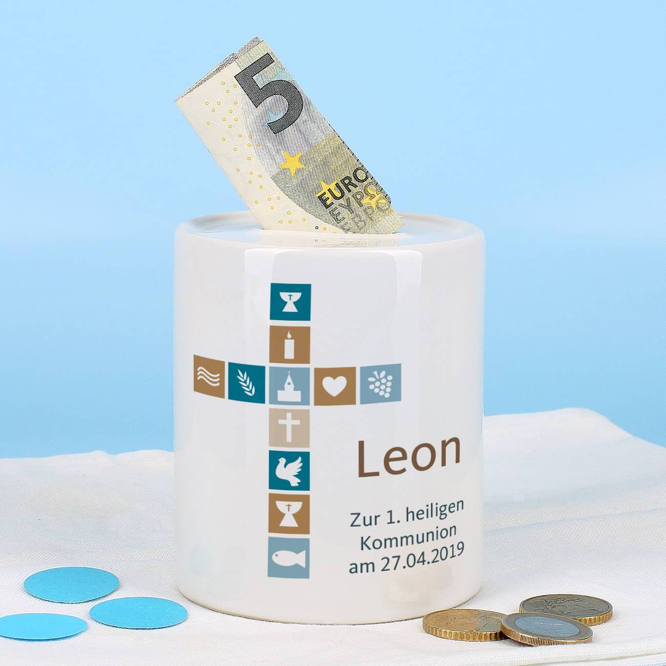 Spardose für Jungen zur Kommunion, Konfirmation oder Taufe mit Kreuz, Name und Wunschtext