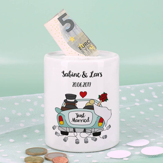 Spardose zur Hochzeit mit romantischem Motiv und Personalisierung