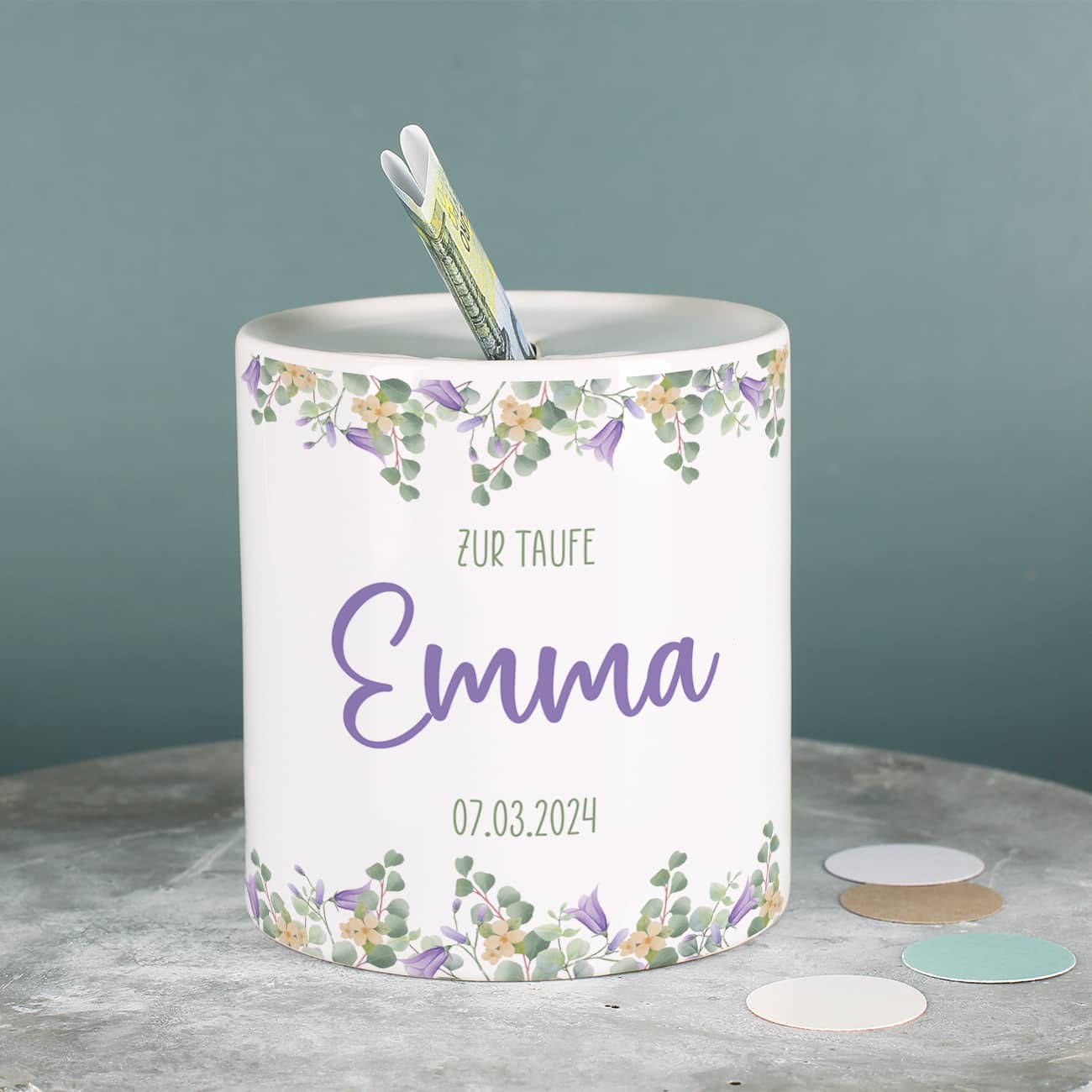 Spardose mit lila Blumenmotiv