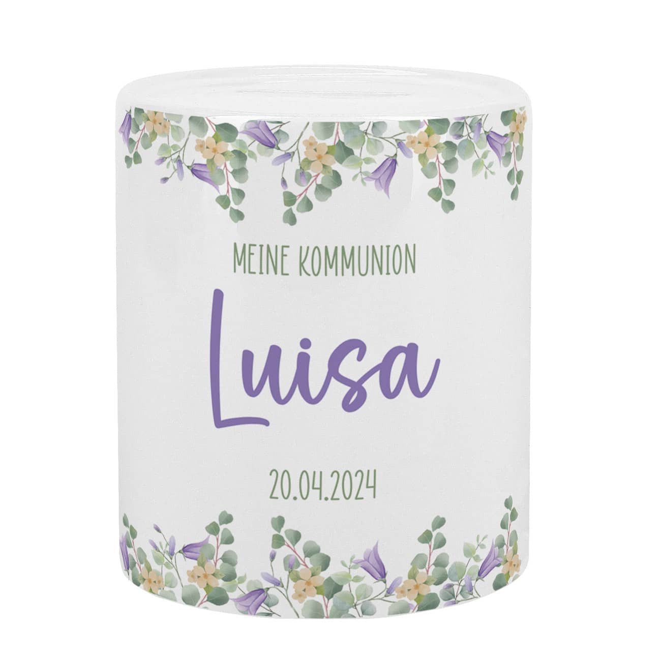 Spardose mit lila Blumenmotiv