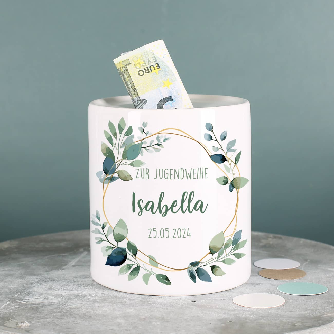 Spardose zur Jugendweihe mit Name & Datum personalisiert