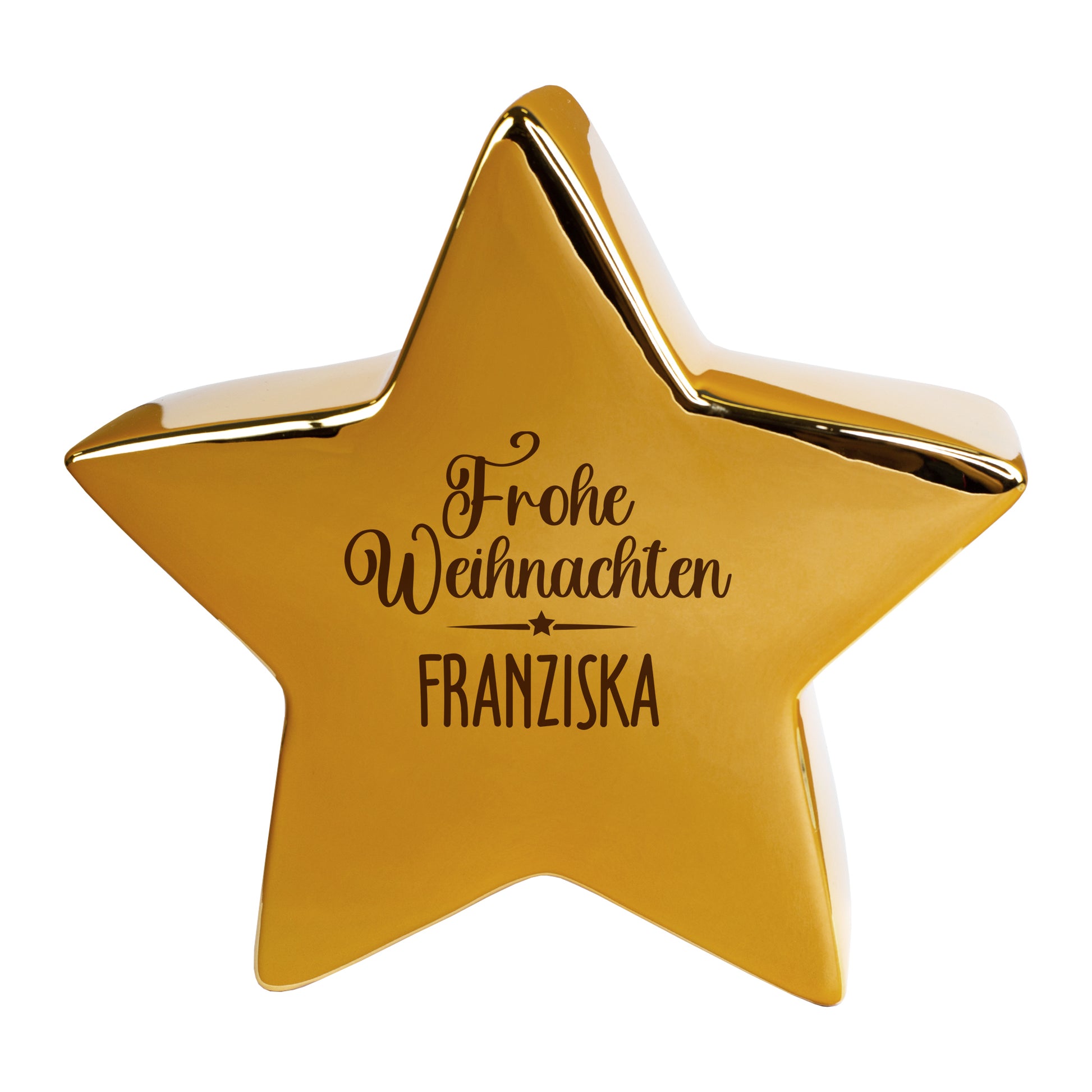 Freigestellter goldener Keramikstern mit „Frohe Weihnachten“ und personalisiertem Namen