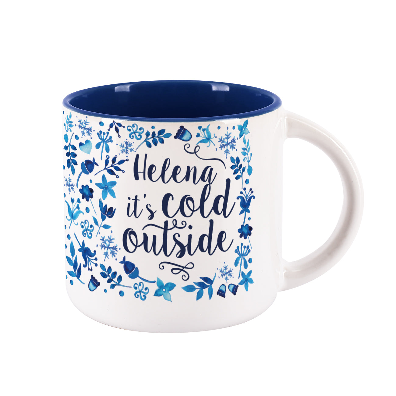 Große winterliche Tasse - it's cold outside - mit Name, Schneeflocken und Blüten