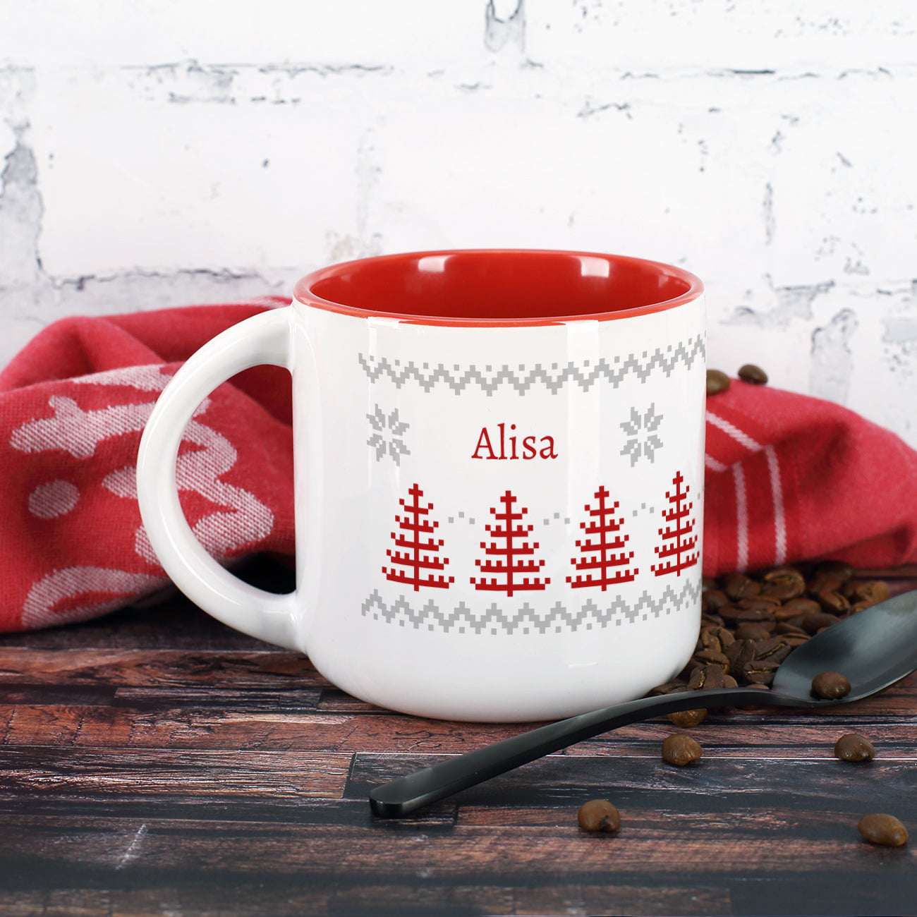 Große Tasse mit nordischem Strick Motiv und Name bedruckt