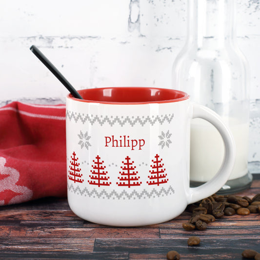 Pott, innen rot, mit winterlich nordischem Motiv und Name