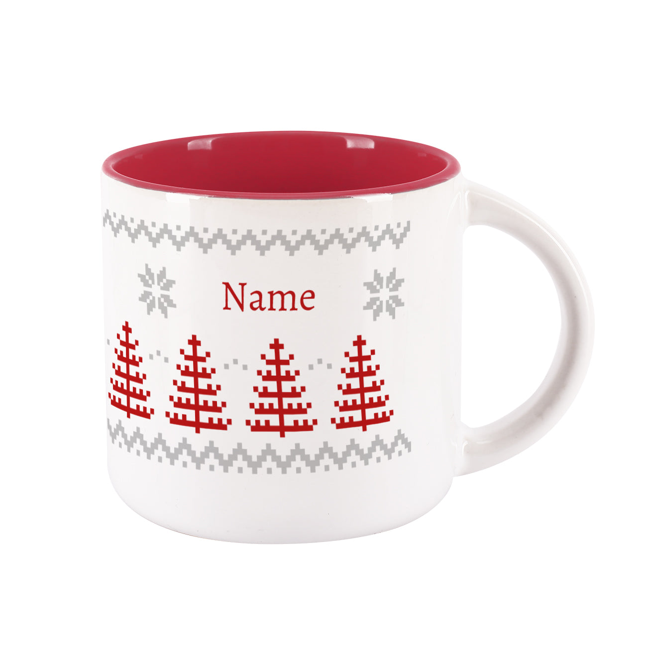 Große Tasse mit Name und nordischem Motiv in rot und grau bedruckt