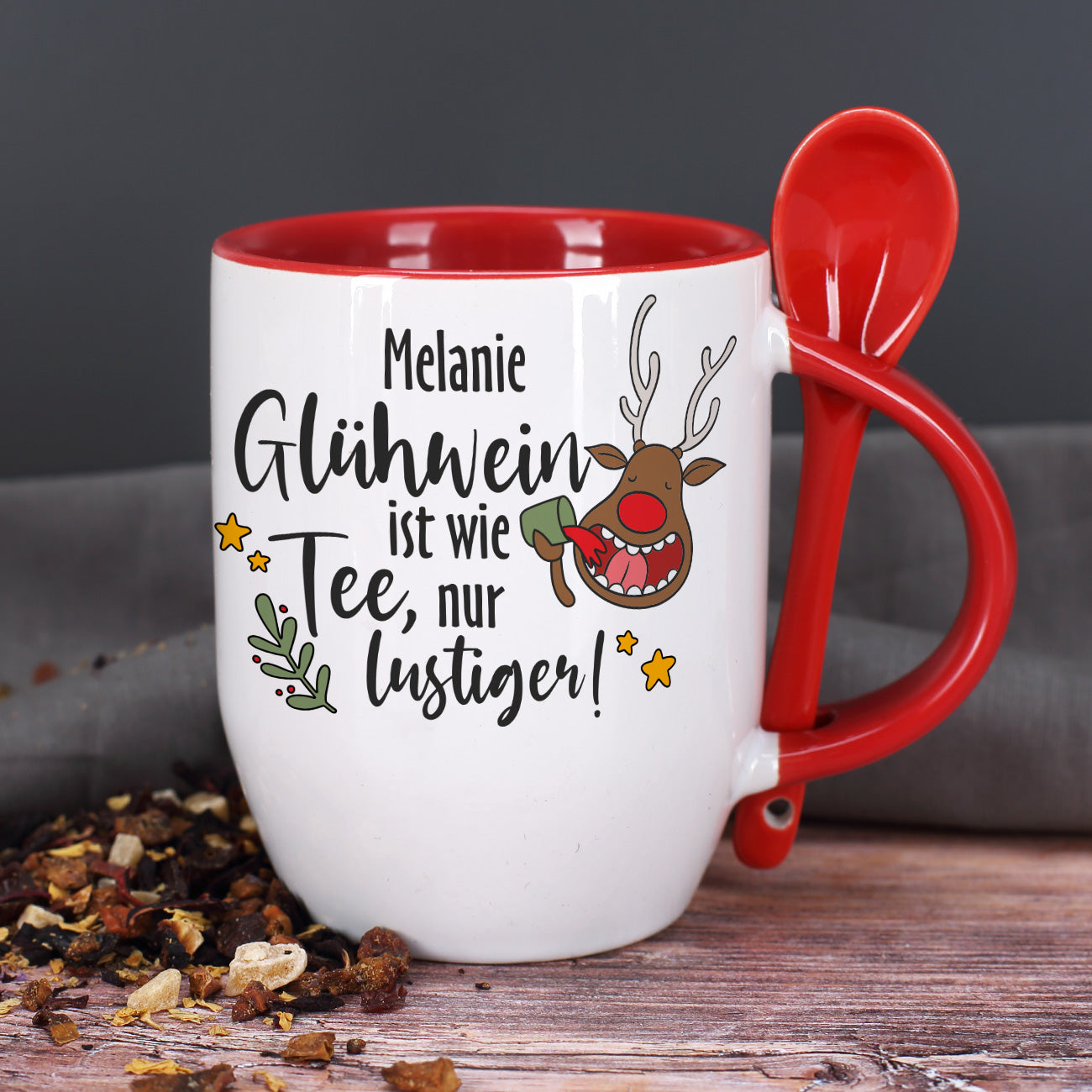 Glühwein ist wie Tee, nur lustiger! - Löffeltasse mit Namensaufdruck