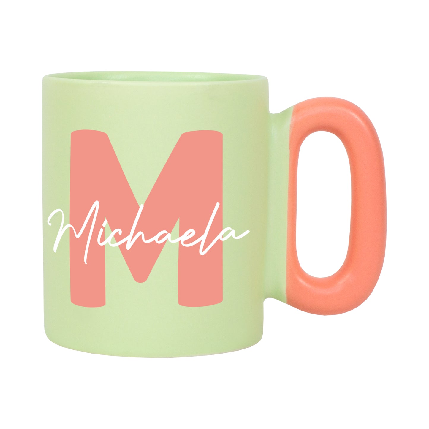 Personalisierte grüne Tasse mit Initiale und Name freigestellt