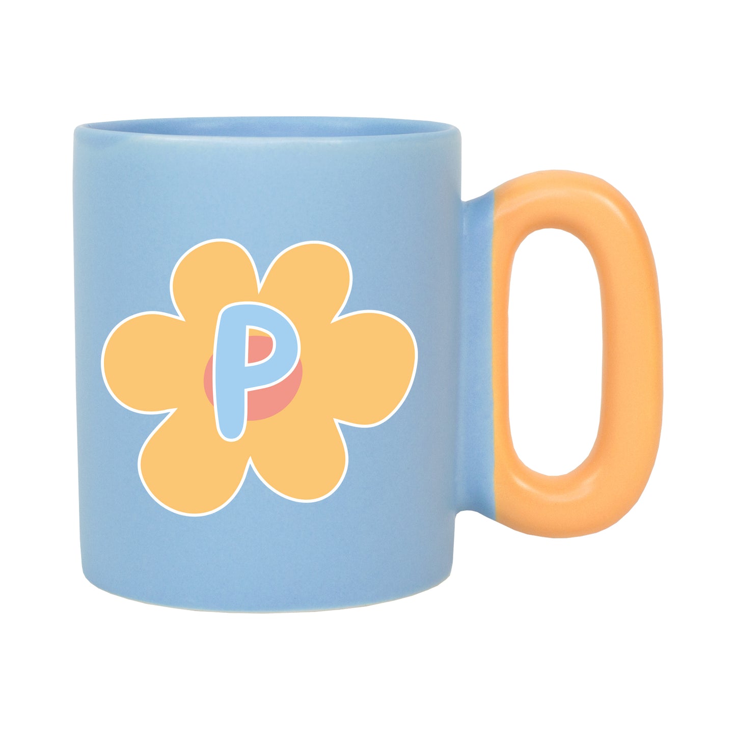 Freigestellte blaue Tasse mit Blumenmotiv und Initiale