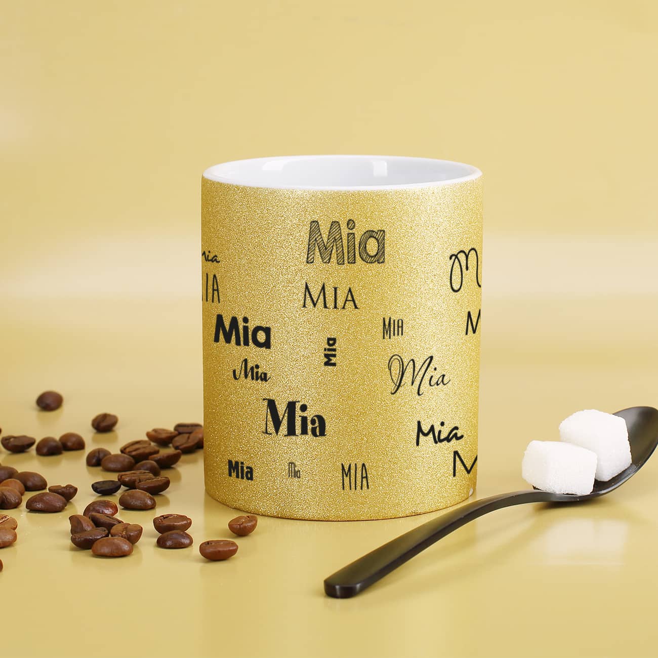 Glitzertasse in gold mit Ihrem Wunschnamen