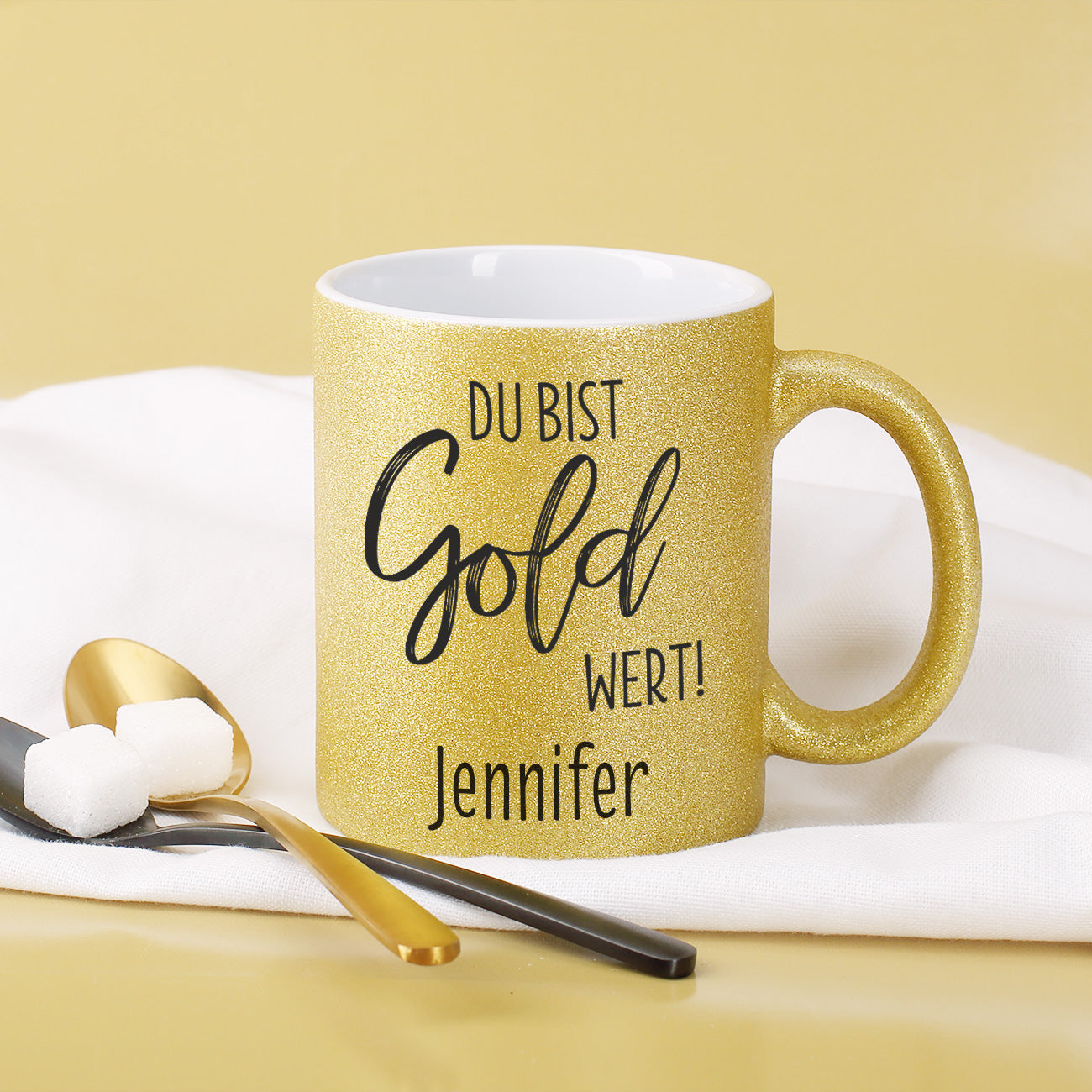 Goldtasse "Du bist Gold wert" mit Namen bedruckt