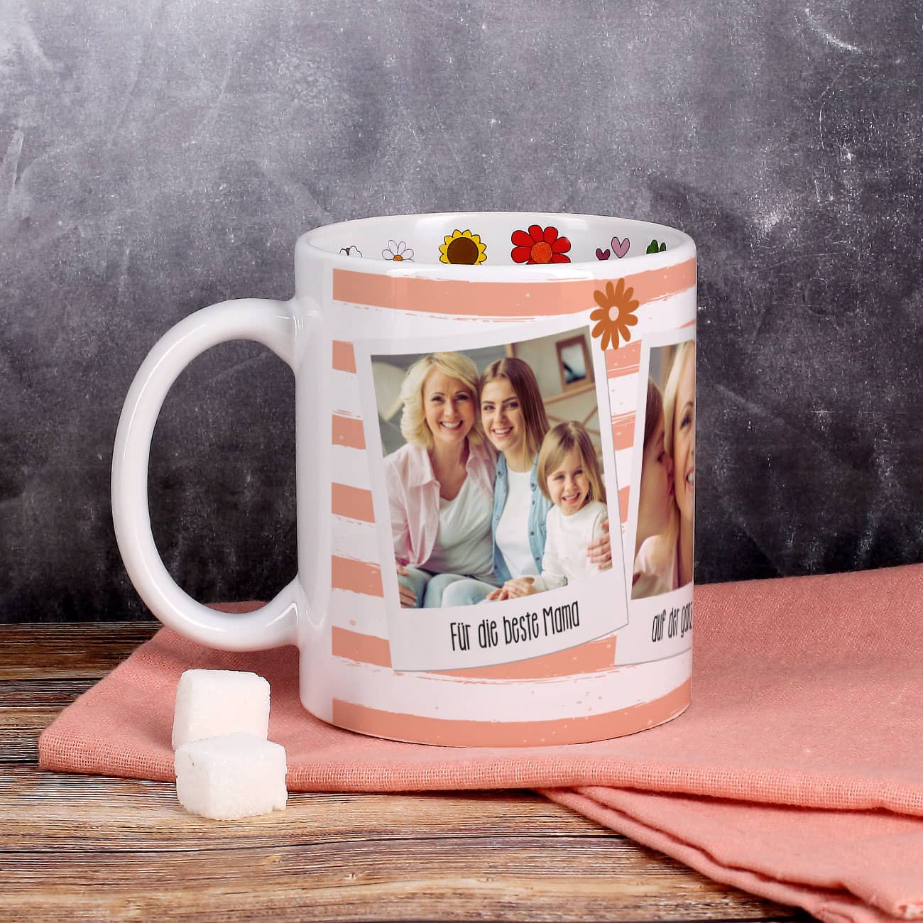 Rundherum mit 3 Wunschfotos und Texten bedruckt