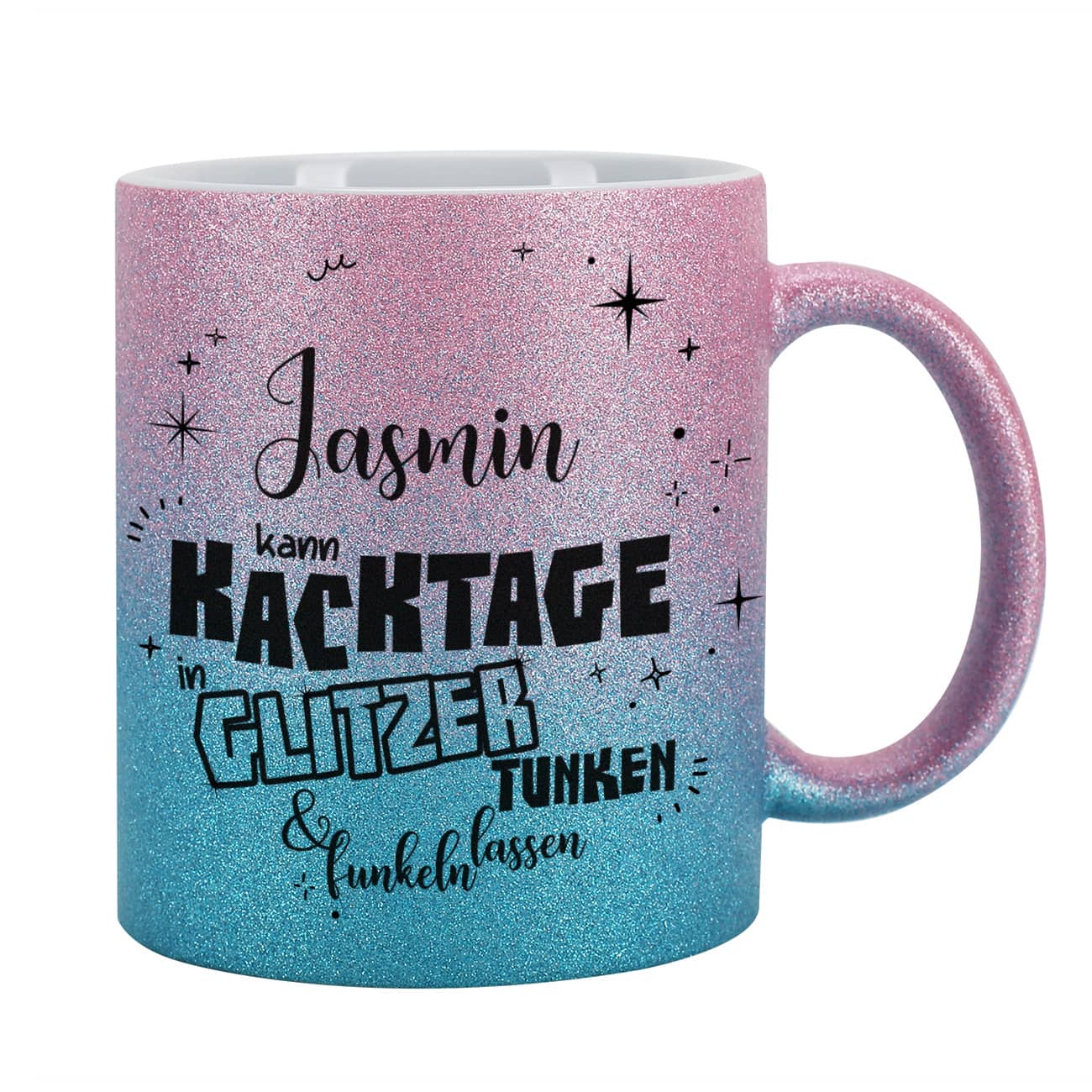 Glitzertasse Pink-Blau - kann Kacktage in Glitzer tunken und funkeln lassen - mit Name 