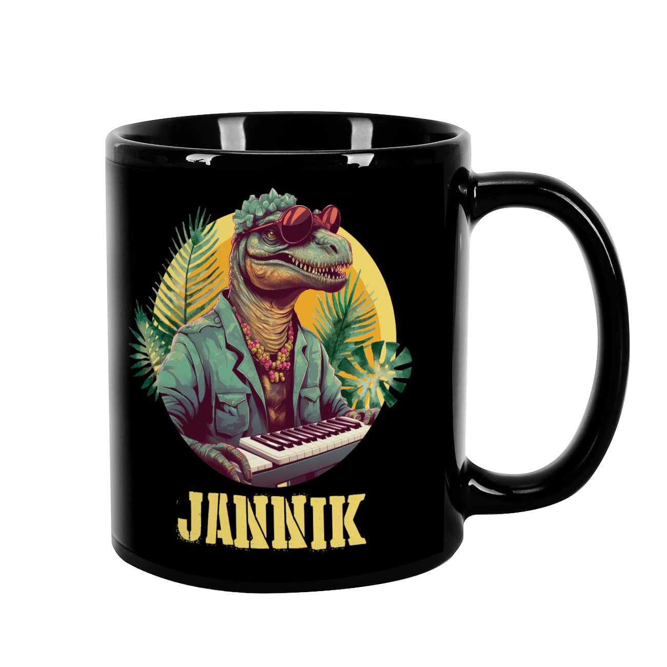 Cooler Keramikbecher für Dino-Fans mit Ihrem Wunschnamen bestückt