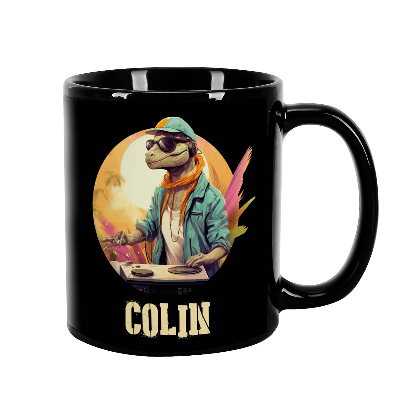 Schwarze Tee-Tasse mit coolen Dino-DJ und Ihrem Wunschnamen