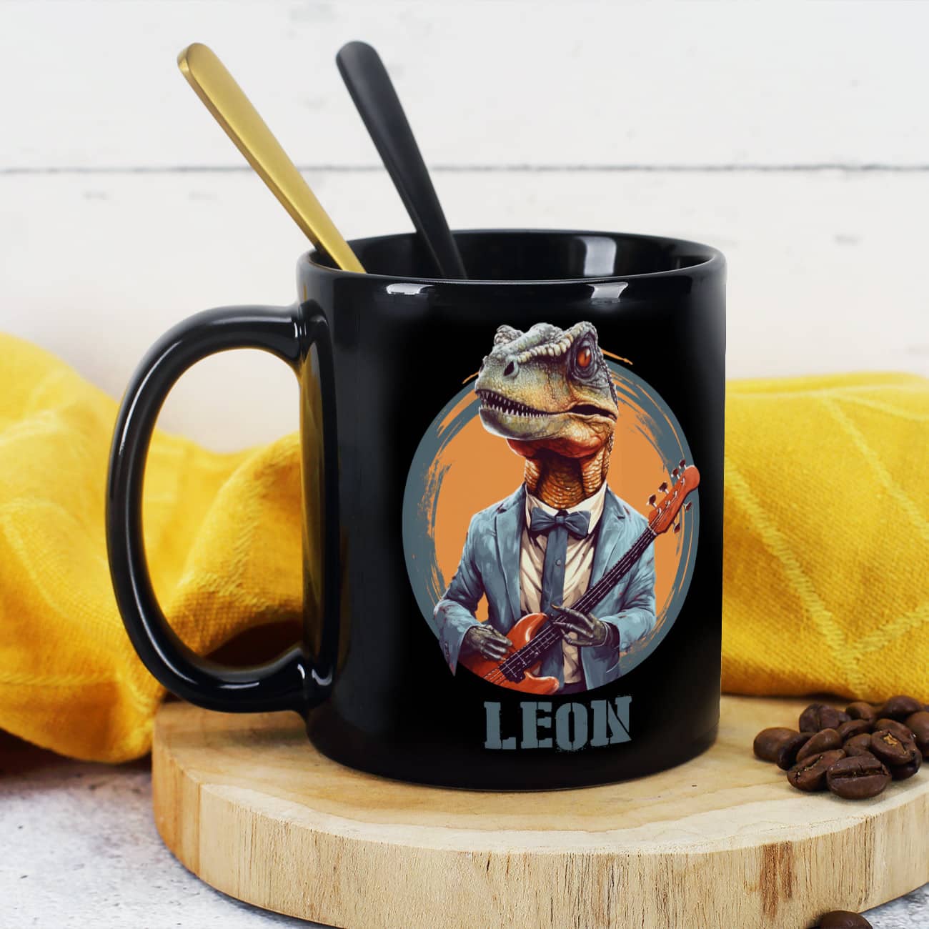 Tolle Tasse für Kids mit Dino an der Bass-Gitarre