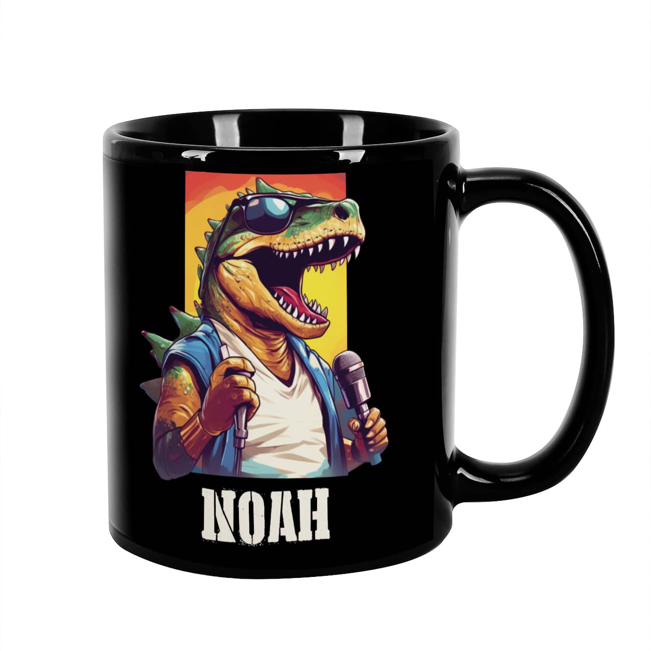 Persönliche schwarze Tasse mit rockenden Dinosaurier und Wunschname