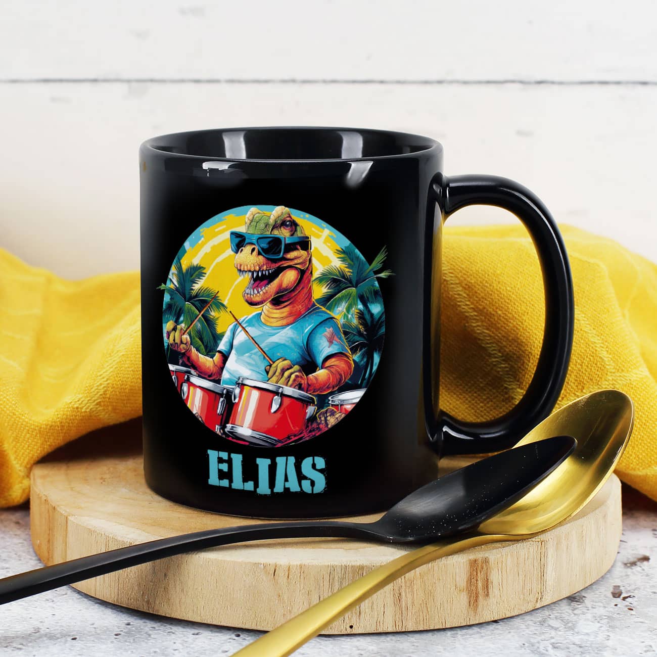 Hammer Geschenkidee für Kinder - Dinosaurier-Tasse mit coolen Schlagzeuger und Name