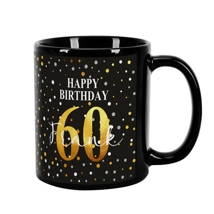 Geburtstagstasse "Happy Birthday" mit Name & Alter in Schwarz und Konfettidesign