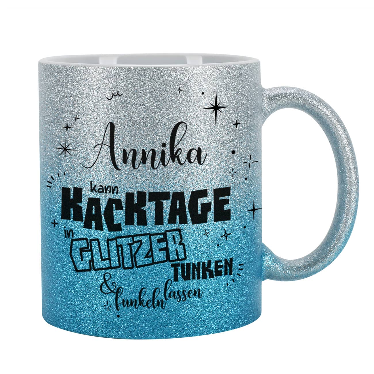 Glitzertasse Silber-Blau - kann Kacktage in Glitzer tunken und funkeln lassen - mit Name 