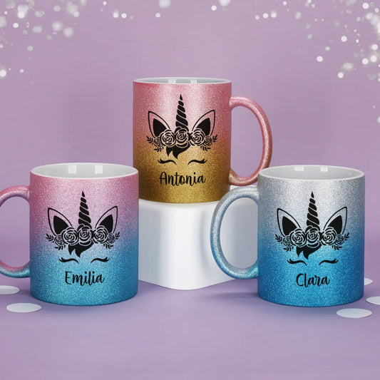 Einhorn - Glitzertasse mit Name - 3 Farben zur Auswahl