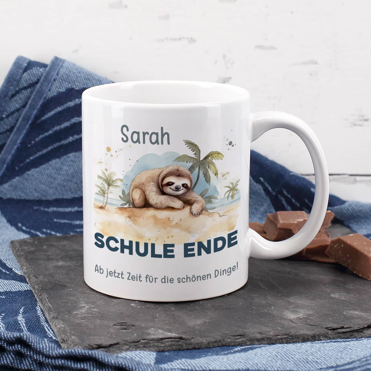 Schulabschluss - Tasse mit Faultier, Name und Wunschtext