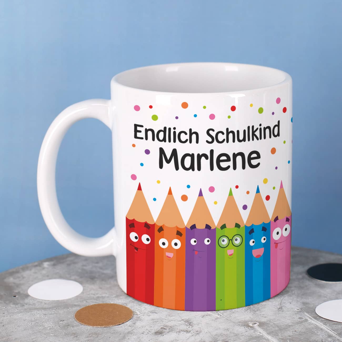Endlich Schulkind Tasse mit Name in persönlicher Tassentasche
