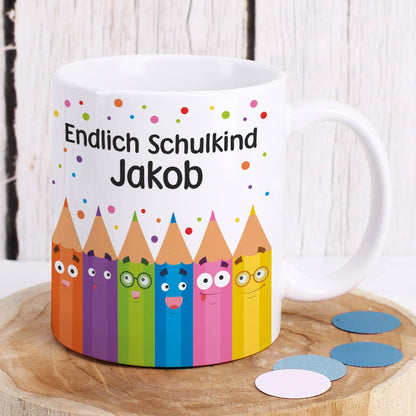 Endlich Schulkind Tasse mit Name