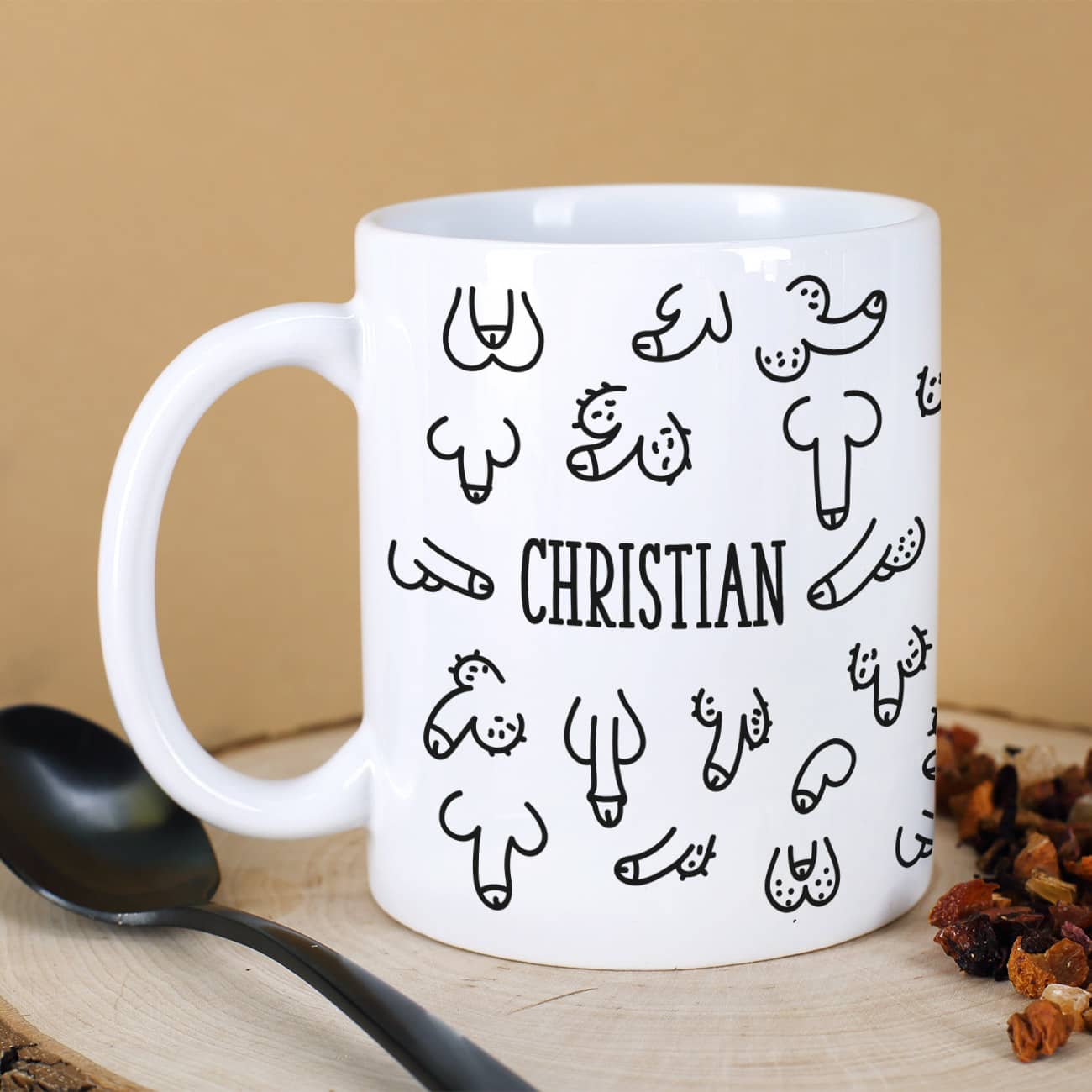 Personalisierte Tasse aus weißem Keramik mit Penis-Motiv