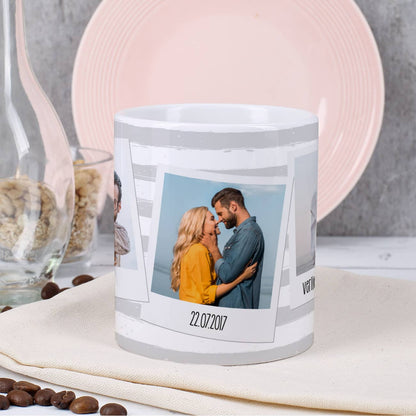 mit ihren 3 Lieblingsfotos und Wunschtext bedruckte Tasse