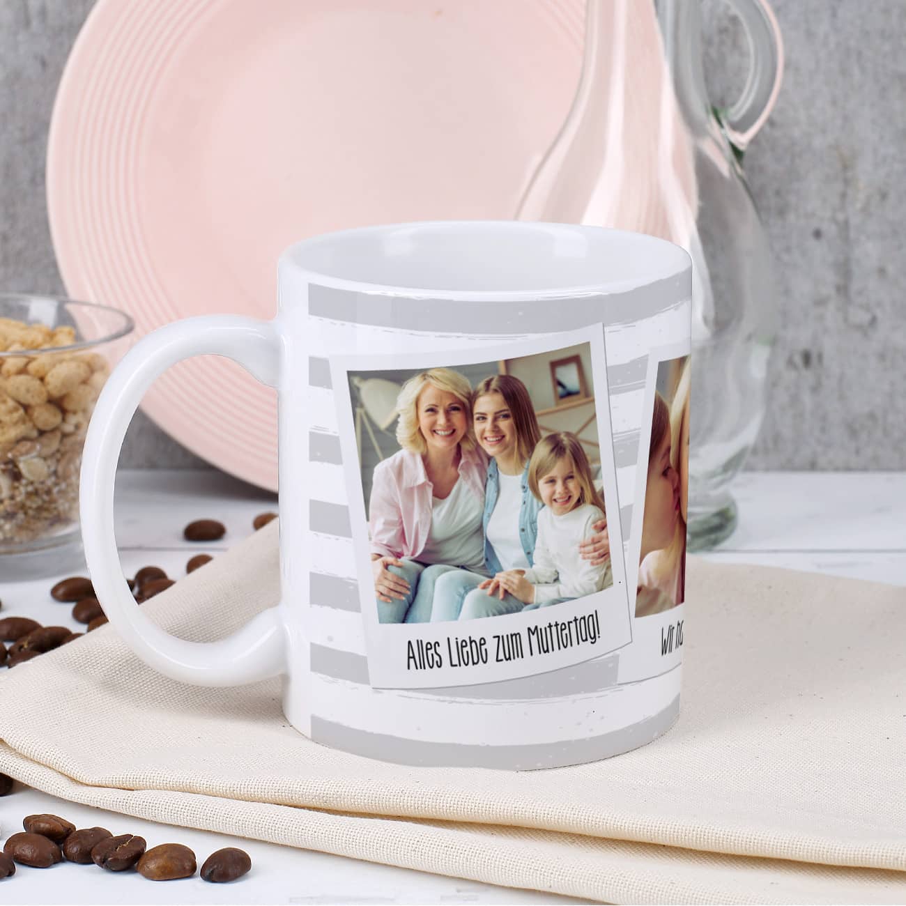 Tasse mit Ihren drei Lieblingsbildern und Wunschtexten