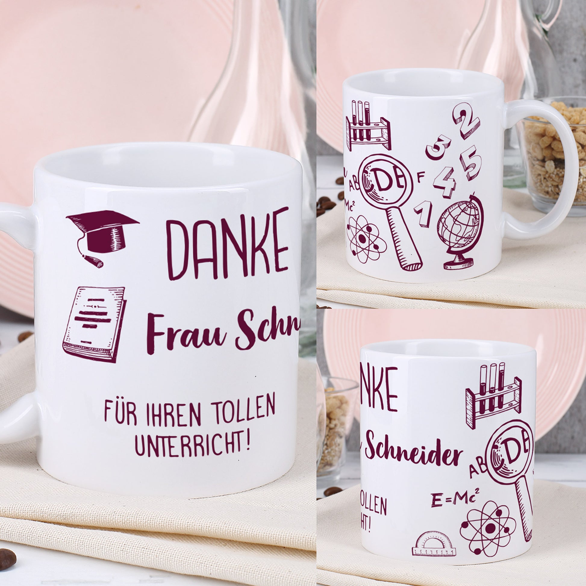 Persönliche Kaffeetasse für die Lehrerin mit Name und Wunschtext aus verschiedenen Winkeln