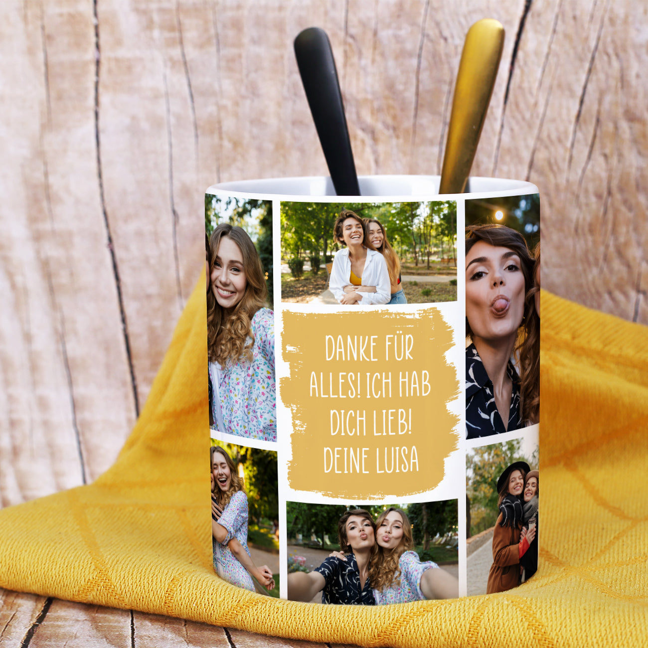 Wunschtasse mit 10 Fotos und Text bedruckt