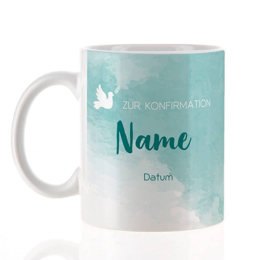 Geschenk zur Konfirmation - Tasse mit Name und Datum in türkisblau