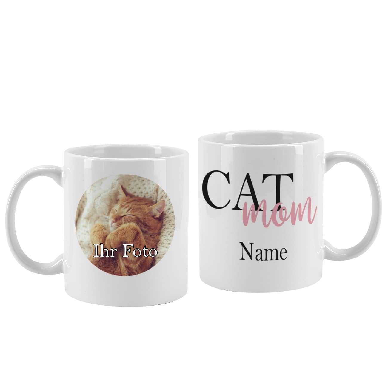 Tasse mit Schriftzug Cat Mom, Ihrem Wunschnamen und einem Foto bedruckt