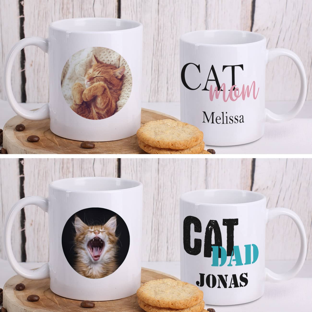 Bedruckte Keramiktasse Cat Mom | Cat Dad mit Wunschname und Foto