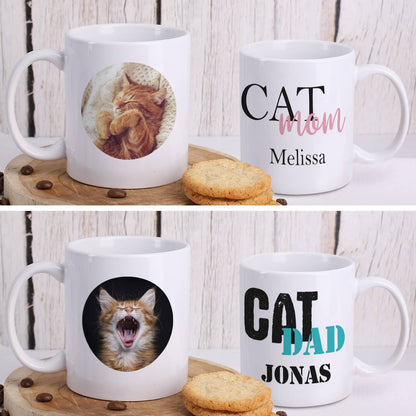 Bedruckte Keramiktasse Cat Mom | Cat Dad mit Wunschname und Foto