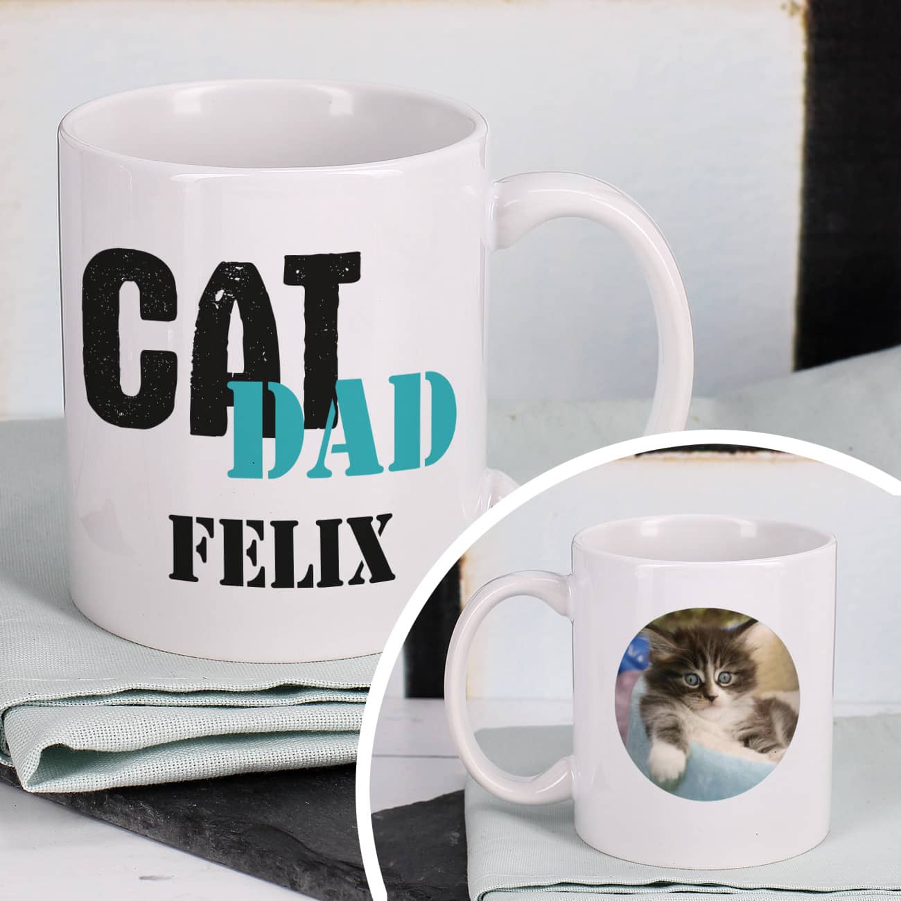 Beidseitig bedruckt Kaffeetasse Cat Dad mit Wunschfoto und Name