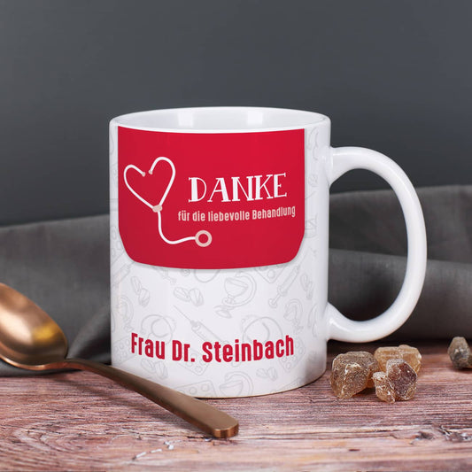 Tasse als Dankeschön Geschenk "Danke für die liebevolle Behandlung" mit Text nach Wunsch bedruckt