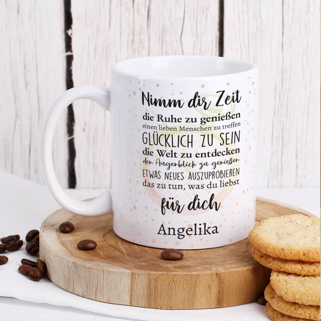 Tasse zur Rente - Nimm dir Zeit für dich - mit guten Wünschen und kurzem Wunschtext