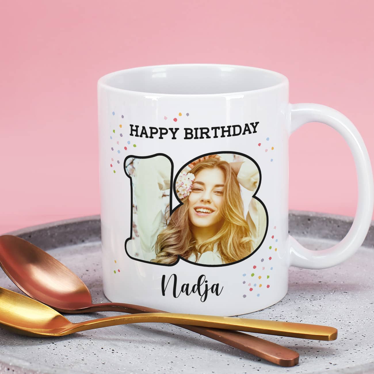 Fototasse mit Name, Happy Birthday und Foto in großer 18