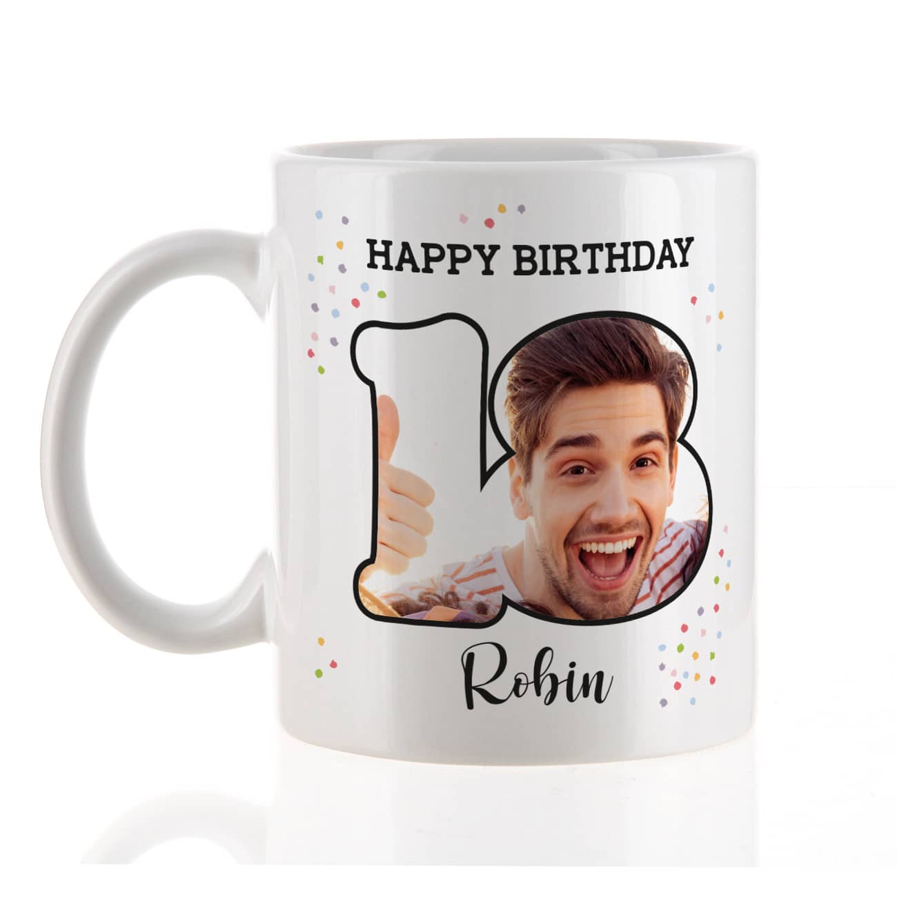 Happy Birthday 18 Fototasse mit Name und Konfetti