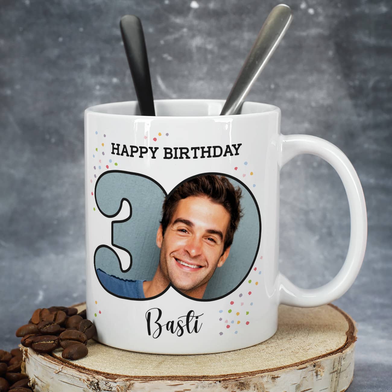 Fototasse Happy Birthday zum 30. Geburtstag mit Name