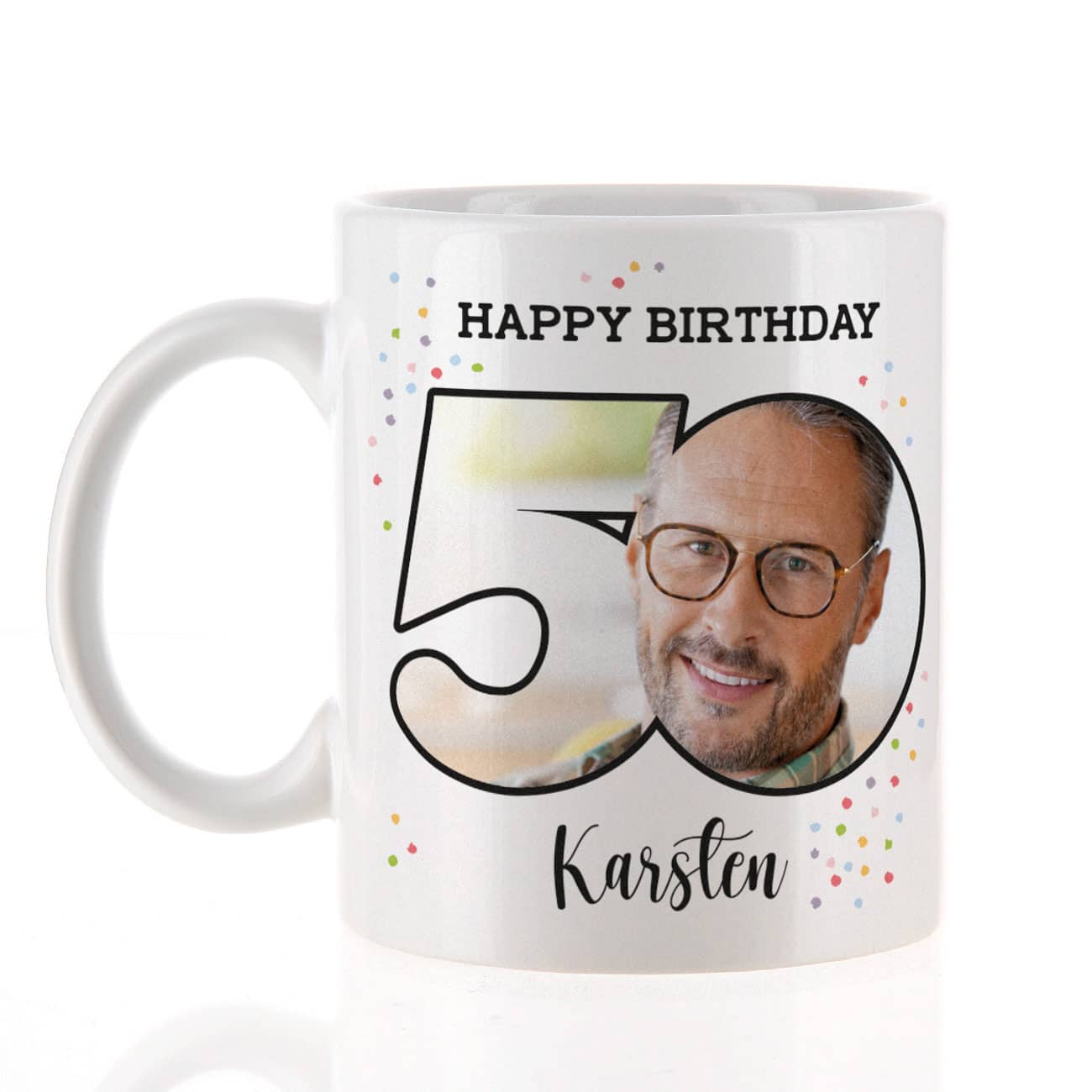 Fototasse zum 50. Geburtstag mit Name und Konfetti