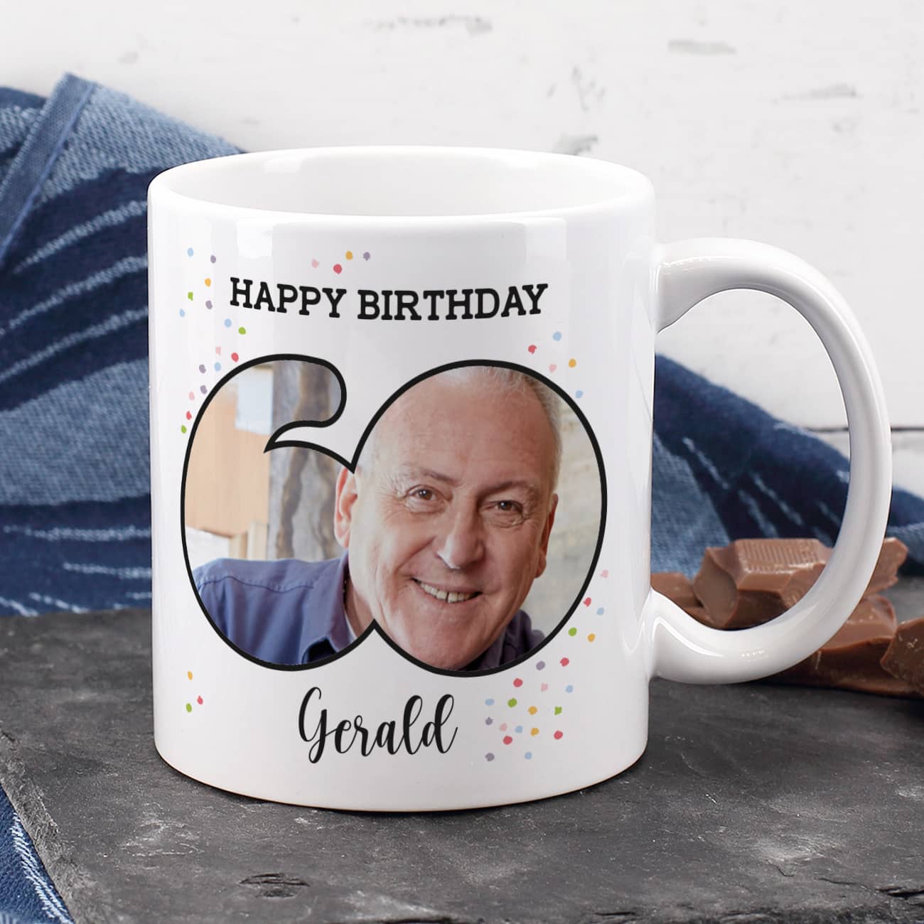 Fototasse zum 60. Geburtstag mit Name und Happy Birthday