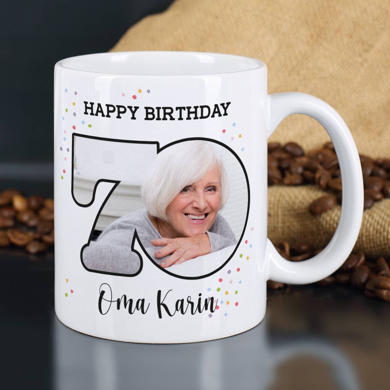 Fototasse zum 70. Geburtstag mit Name