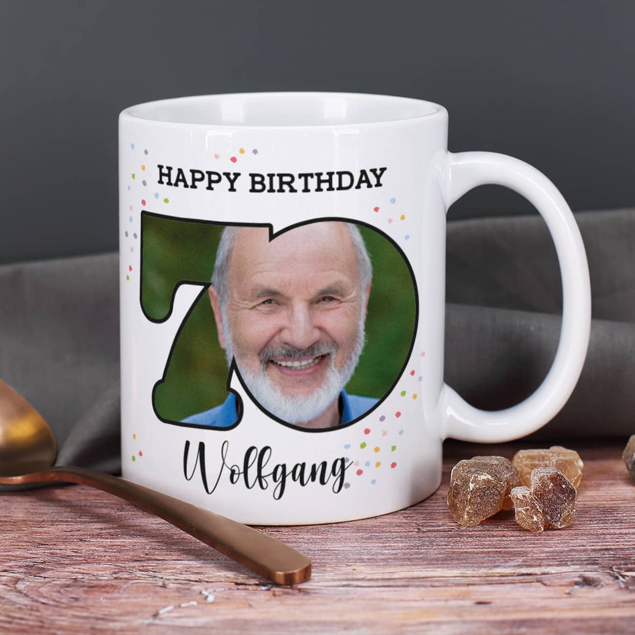 Happy Birthday 70 - Fototasse zum Geburtstag mit Name